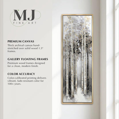 The image is a promotional poster for MJ Fine Art, featuring a painting of a forest with tall trees and a snowy landscape. The poster highlights the premium quality of the artwork, including the use of high-quality materials and a clean, modern finish. It also mentions the color accuracy of the color-calibrated printing, which delivers vibrant, fade-resistant color for 100 years.