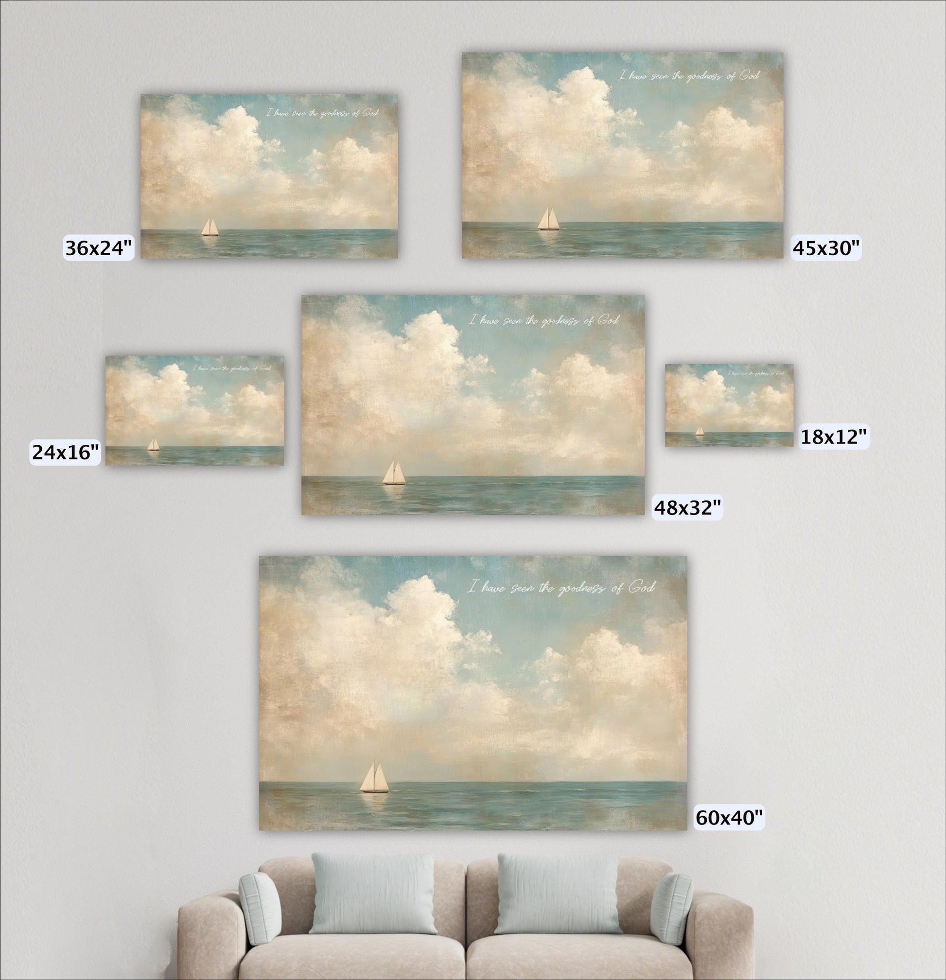 a collection of five framed paintings depicting serene scenes of a sailboat on the water, with varying sizes and orientations.