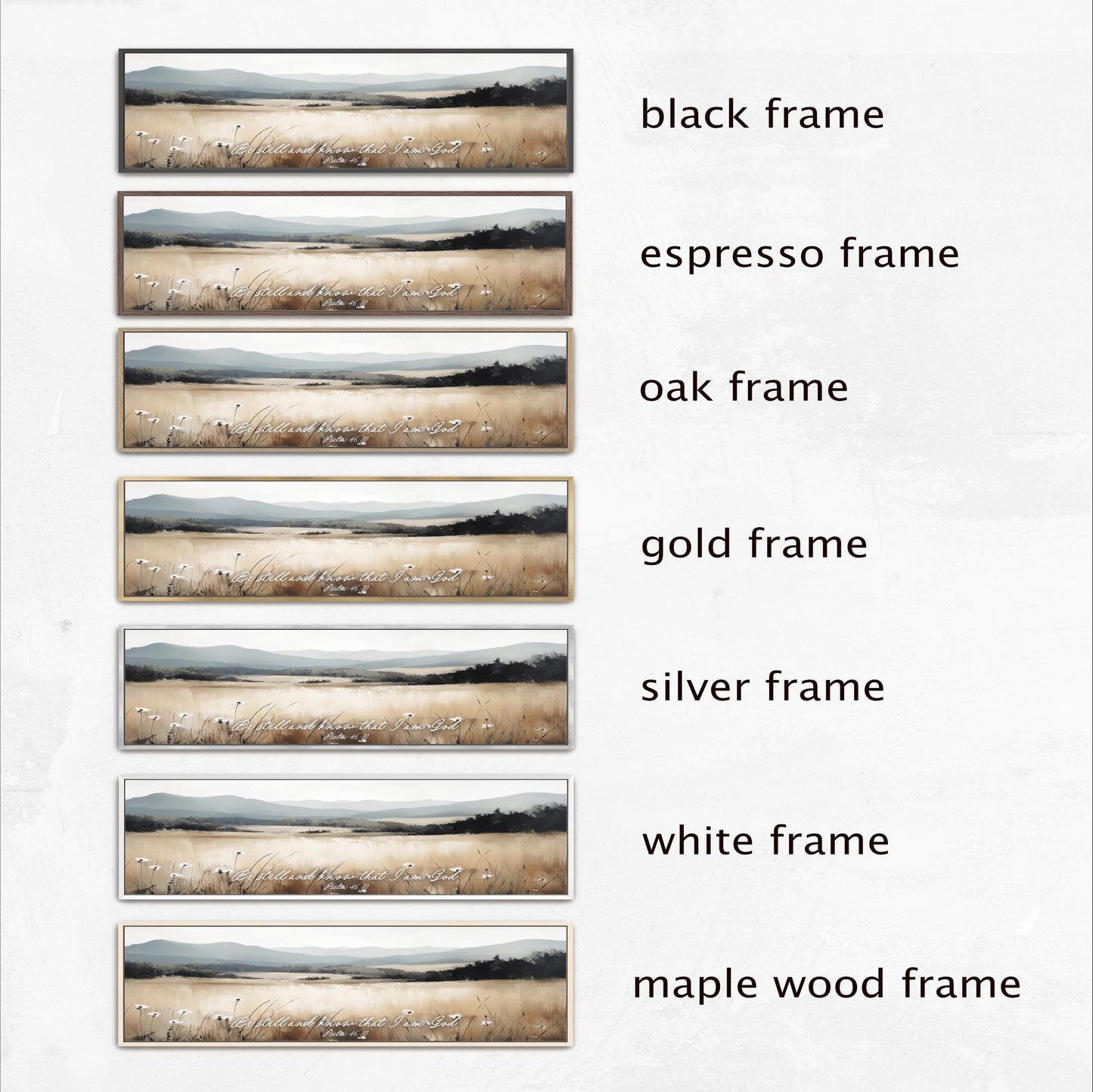 a series of six framed landscape photographs, each with a different frame color and style. The frames are labeled as black, espresso, oak, gold, silver, and white, with the maple wood frame being the only one that is described as white.