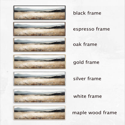 a series of six framed landscape photographs, each with a different frame color and style. The frames are labeled as black, espresso, oak, gold, silver, and white, with the maple wood frame being the only one that is described as white.