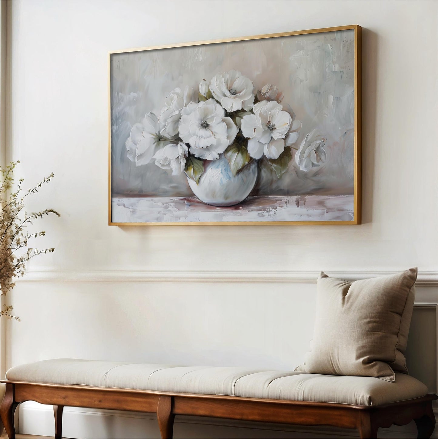 "White Roses" Vase Art Vintage Cottage