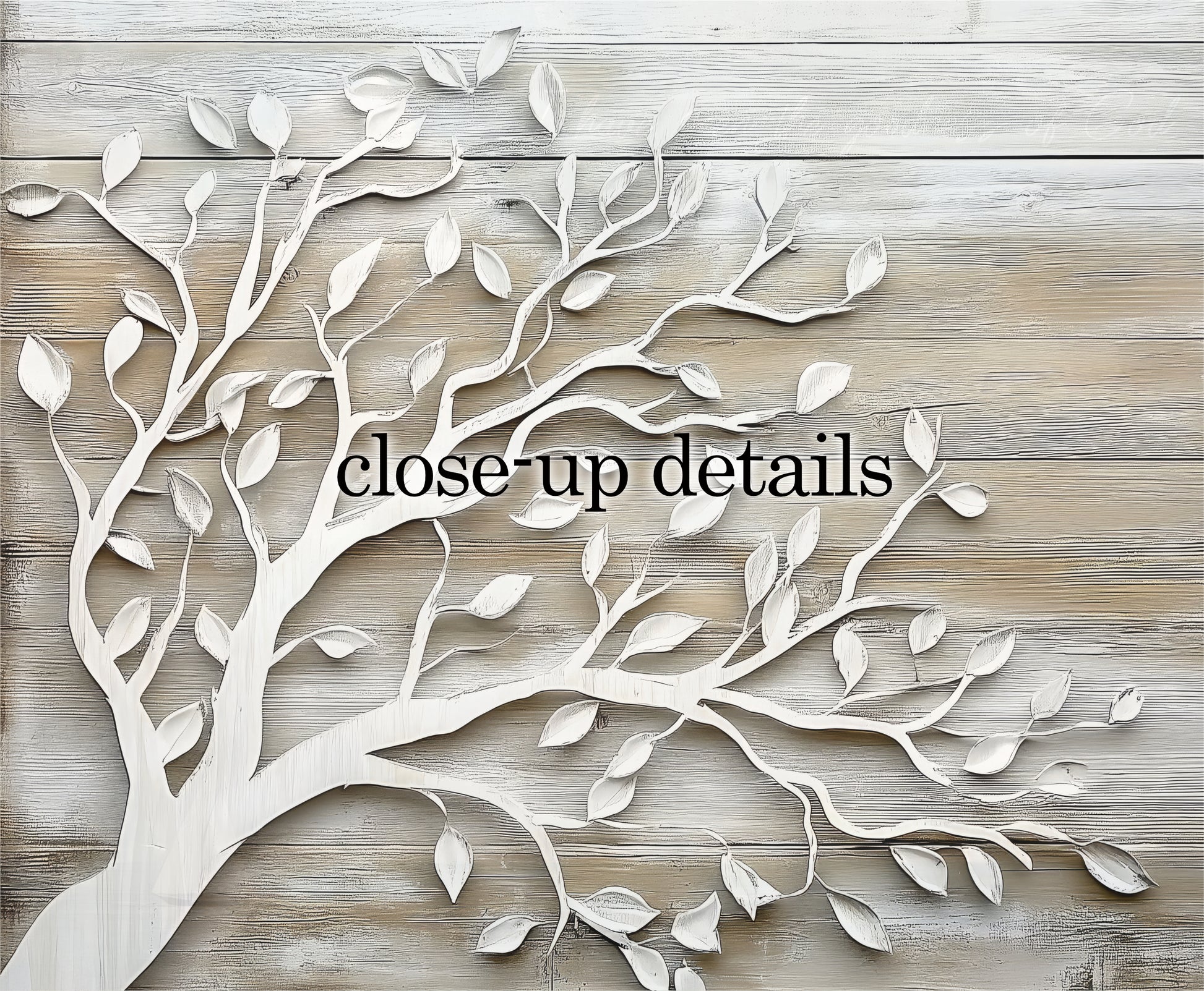 a close-up of a tree branch with leaves, set against a wooden background.