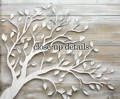 a close-up of a tree branch with leaves, set against a wooden background.