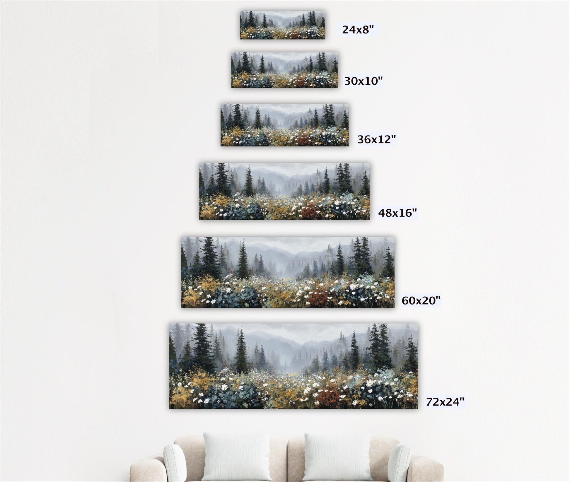 A series of landscape paintings depicting various forest scenes, each with a different size and resolution.