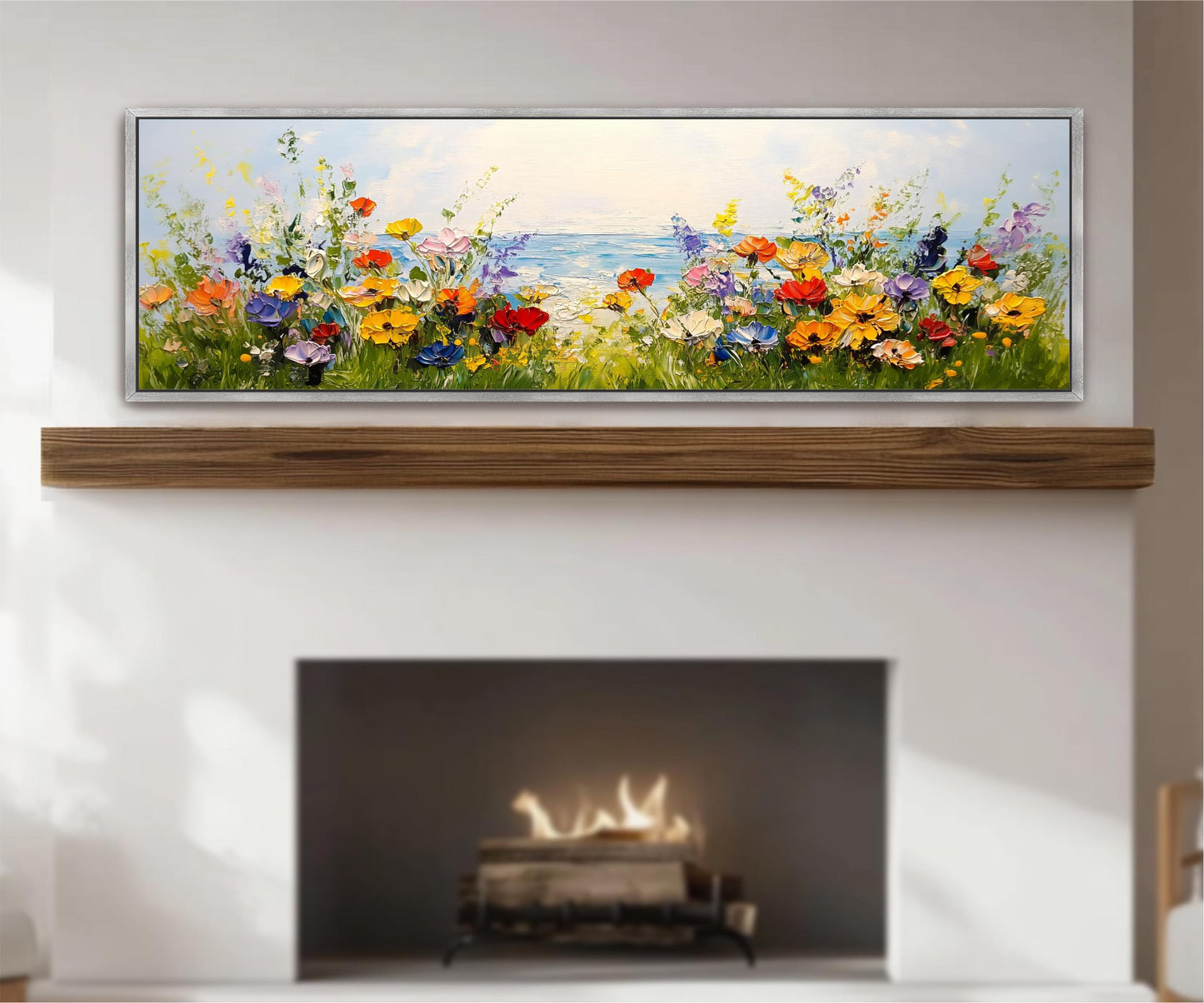 a fireplace with a painting of a colorful garden scene above it.