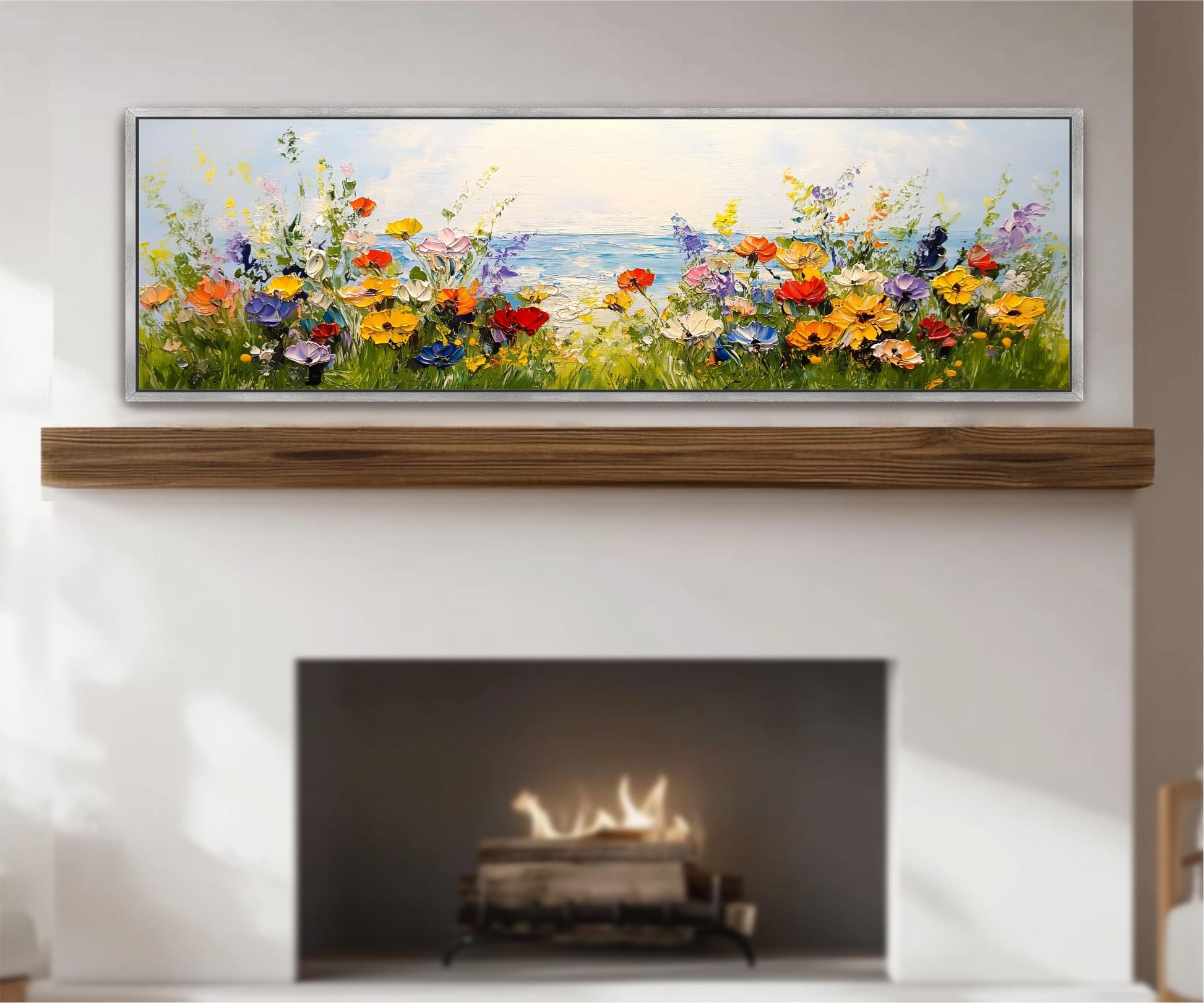 a fireplace with a painting of a colorful garden scene above it.