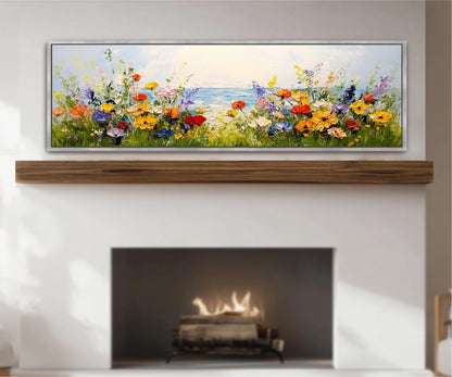 a fireplace with a painting of a colorful garden scene above it.