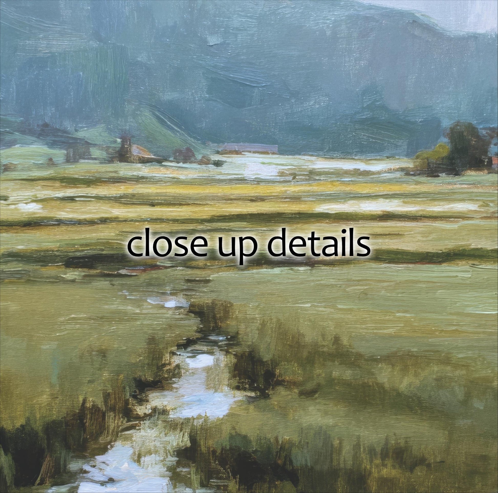 a serene landscape with a winding stream, lush green fields, and a distant mountain range under a cloudy sky.