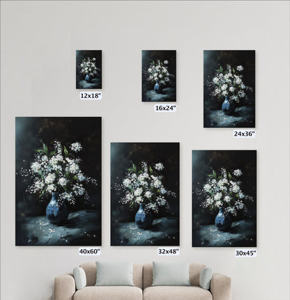 a collection of five framed paintings depicting white flowers in a vase, arranged on a wall. Each painting is of different sizes, ranging from 12x18" to 24x36" and 30x45", with the largest one being 24x36". The paintings are displayed in a row, with a couch in the background.