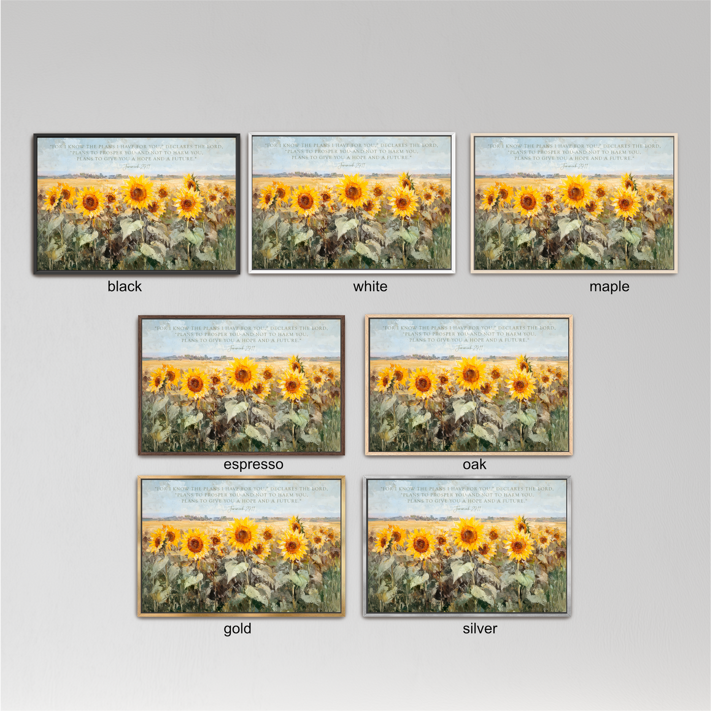 six framed pictures of a field of sunflowers, each with a different color frame. The frames are black, white, maple, espresso, oak, and gold.