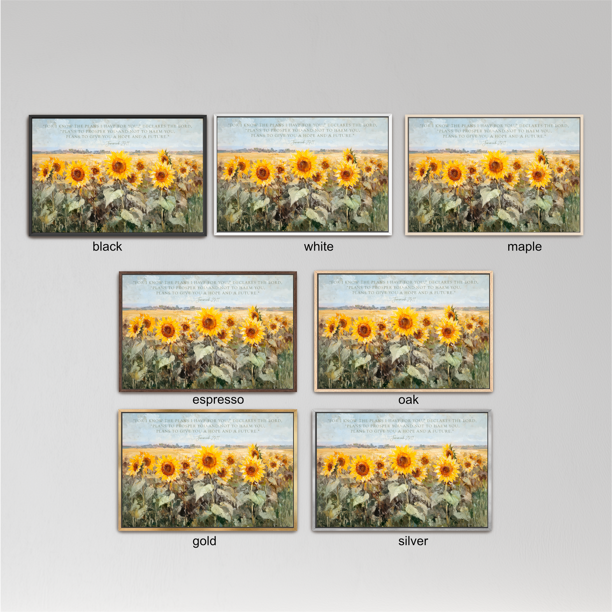 six framed pictures of a field of sunflowers, each with a different color frame. The frames are black, white, maple, espresso, oak, and gold.