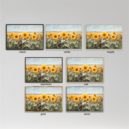 six framed pictures of a field of sunflowers, each with a different color frame. The frames are black, white, maple, espresso, oak, and gold.