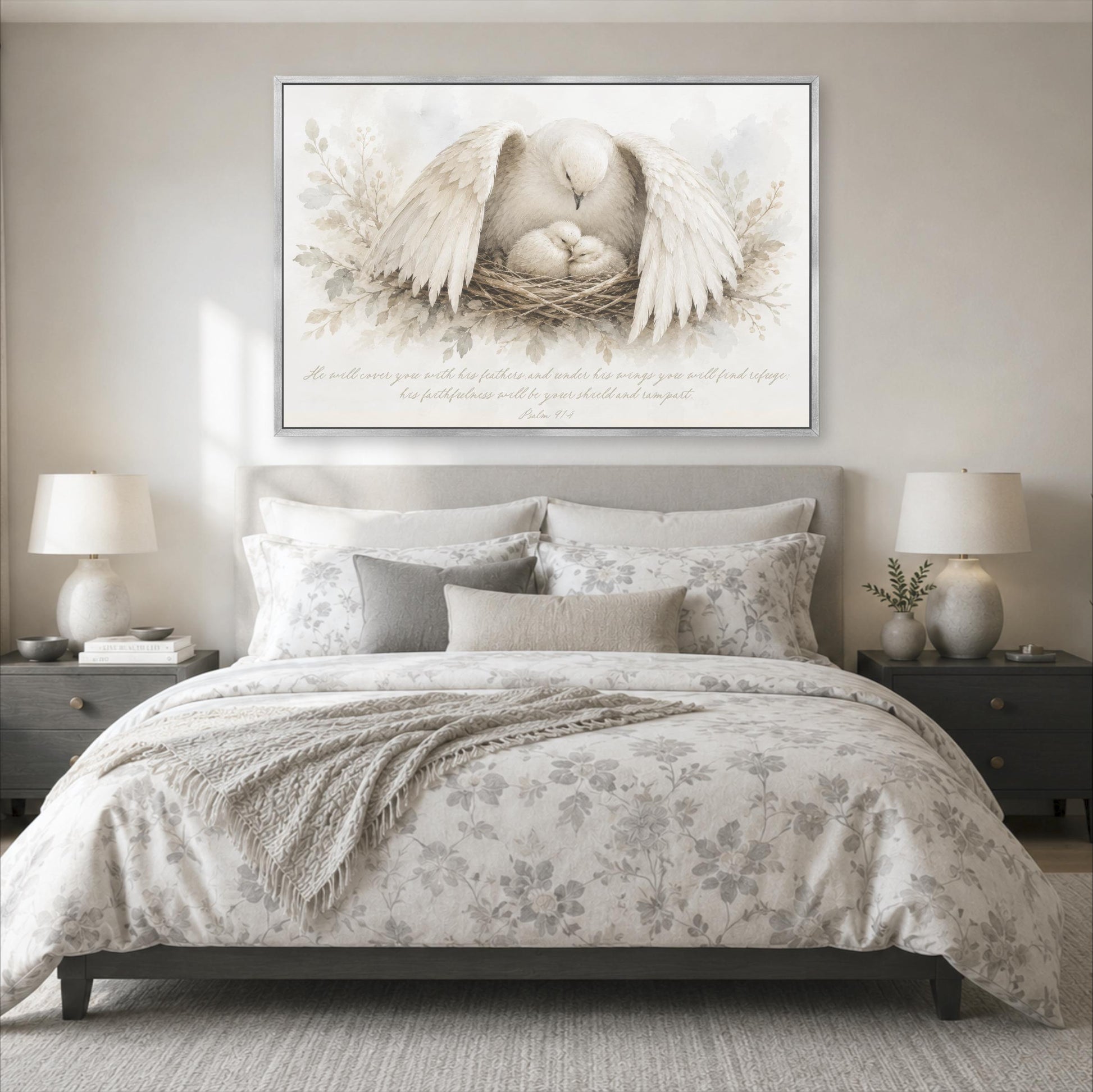 a serene bedroom scene with a large bed adorned with a floral comforter and pillows. Above the bed, a framed painting of a white bird with outstretched wings and a nest is displayed. The painting is surrounded by a quote that reads, "As you will with your flock and your wings, you will find victory."