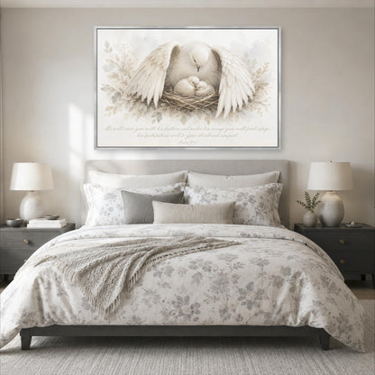 a serene bedroom scene with a large bed adorned with a floral comforter and pillows. Above the bed, a framed painting of a white bird with outstretched wings and a nest is displayed. The painting is surrounded by a quote that reads, "As you will with your flock and your wings, you will find victory."