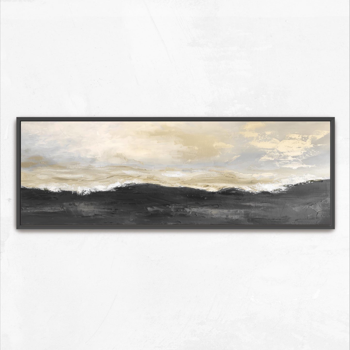 The image is a framed painting depicting a landscape with a cloudy sky and mountains in the background.