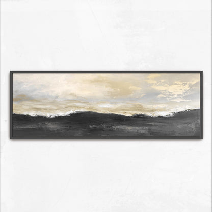 The image is a framed painting depicting a landscape with a cloudy sky and mountains in the background.