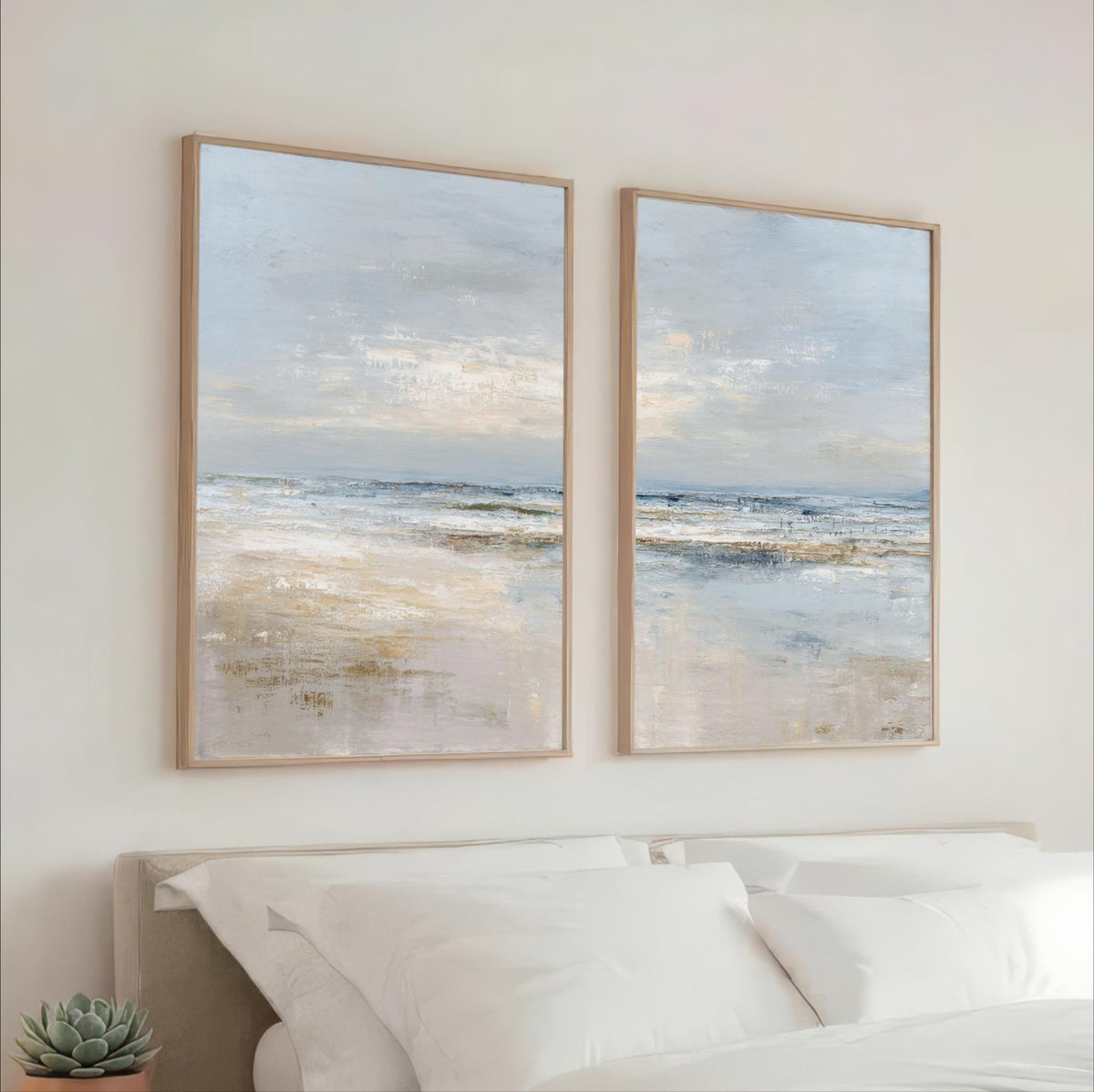 Ocean Abstract Set of 2 Wall Art, Minimalist Neutral Beige Blue Framed Canvas Prints, Diptych Gallery Artwork