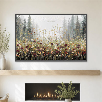 Proverbs 3:5-6 Wall Art, Trust in the Lord Scripture Art, Mountain Forest Painting, Christian Nature Lover Art, Cabin Decor “Trust in the Lord with all your heart.” Proverbs 3:5-6 is paired with a peaceful wildflower meadow and forest landscape in this Christian wall art. The soft, earthy colors and detailed flowers create a peaceful piece that feels right at home in a cozy, nature-inspired space.