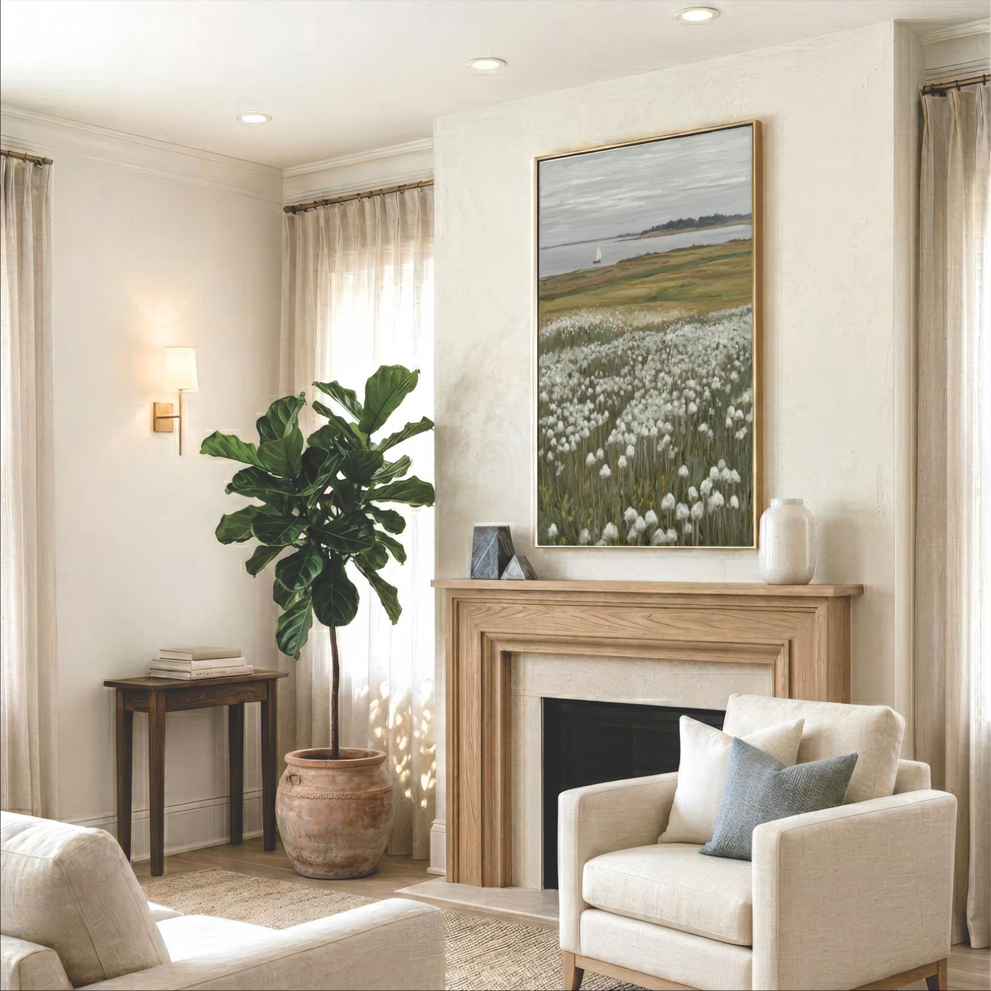 a cozy living room with a fireplace, a large potted plant, and a painting of a field of flowers hanging above it. The room is furnished with a sofa, a chair, and a coffee table, creating a comfortable and inviting atmosphere.