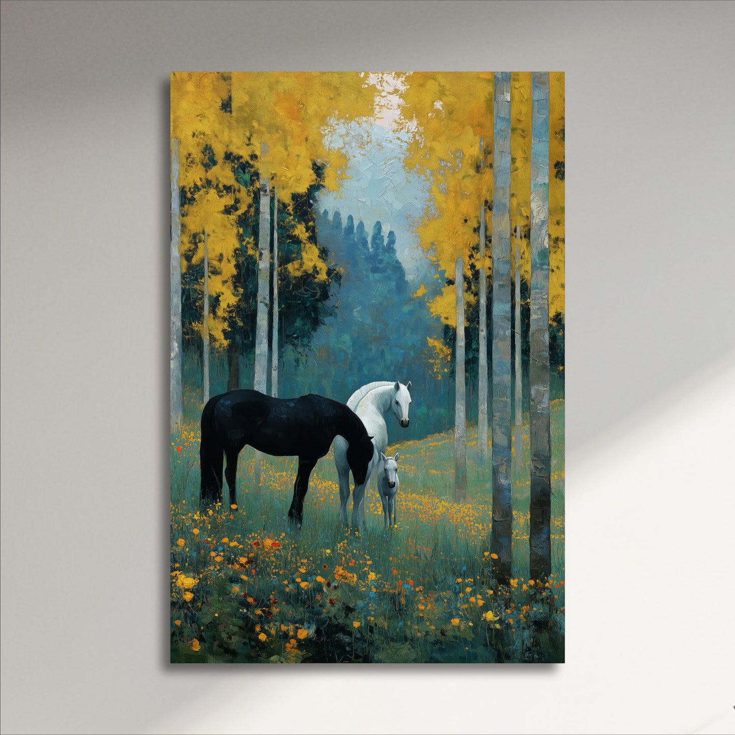two horses standing in a field with yellow flowers, surrounded by tall trees with green leaves.
