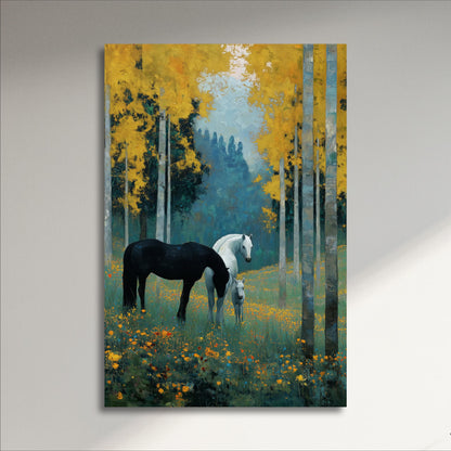 two horses standing in a field with yellow flowers, surrounded by tall trees with green leaves.