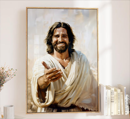 The image is a framed painting of Jesus Christ, with a smiling expression and a hand gesture.