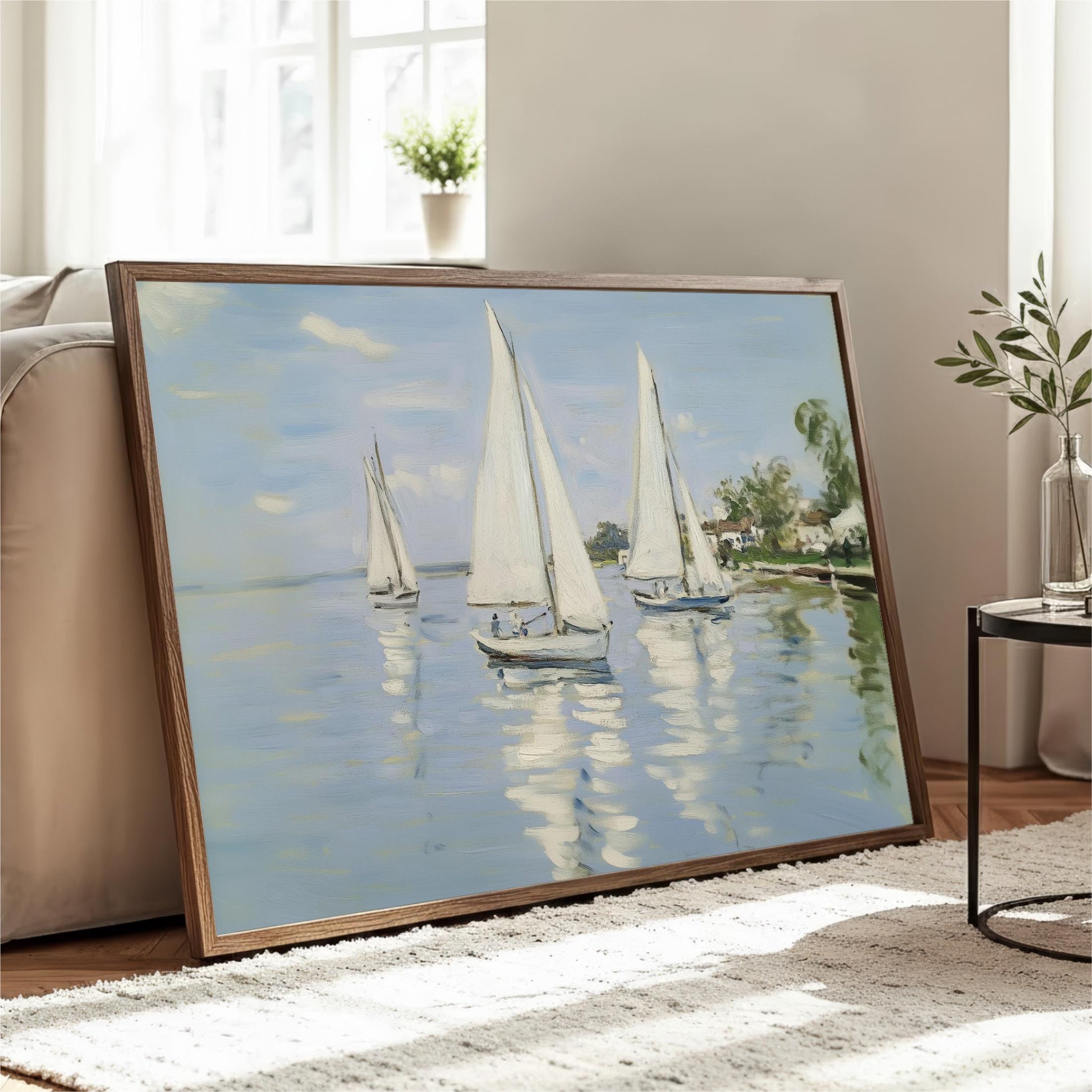 A framed painting depicting three sailboats on a body of water, with a serene and peaceful atmosphere.