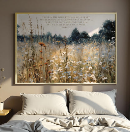 a large painting of a field with tall grass and wildflowers hanging on a wall above a bed with white pillows.