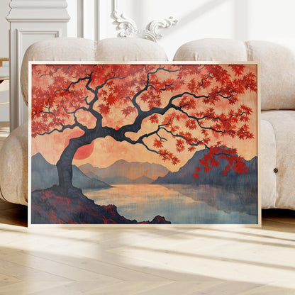 a painting of a tree with red leaves