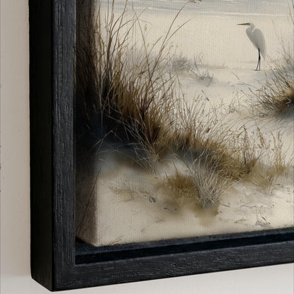 A painting of a white bird standing on a sandy beach, with tall grasses and a cloudy sky in the background.