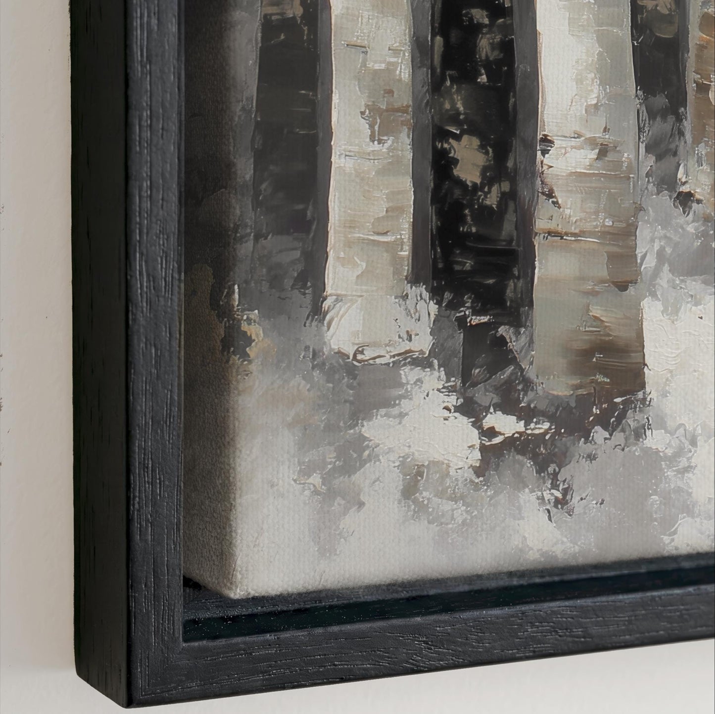 The image is a framed painting depicting a snowy landscape with a black and white color scheme.