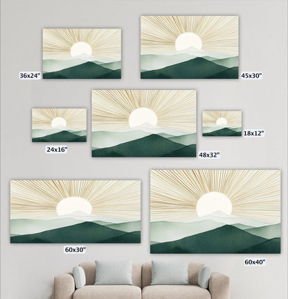 a collection of six landscape paintings, each depicting a serene mountain scene with a sun rising or setting behind the mountains. The paintings vary in size, ranging from 36x24 inches to 48x32 inches. The largest painting is 60x30 inches, while the smallest is 60x40 inches. The paintings are arranged on a wall, with a couch in the foreground, creating a harmonious and visually appealing display.