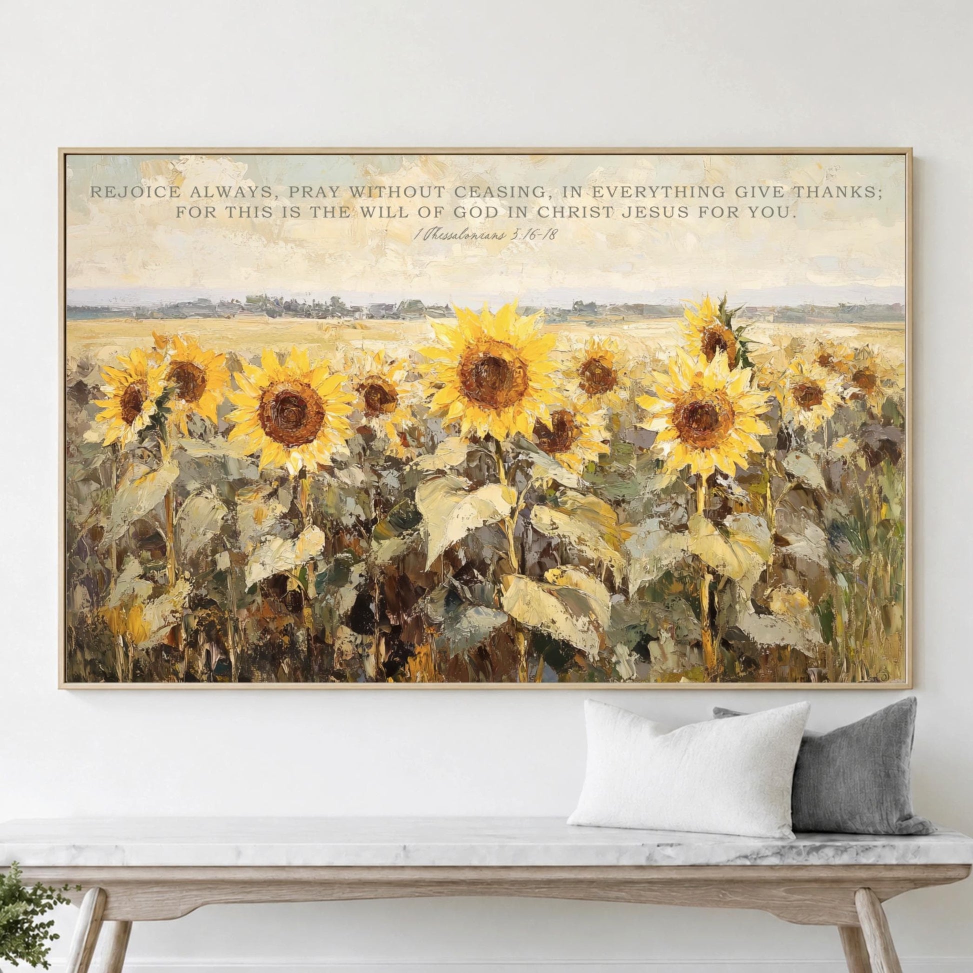 Scripture Art, Framed Canvas Field of Sunflowers Rejoice Pray Give Thanks Wildflowers Vintage Painting Look, Christian Bible Verse Wall Art "Rejoice always, pray without ceasing, in everything give thanks; for this is the will of God in Christ Jesus for you." 1 Thessalonians 5:16-18