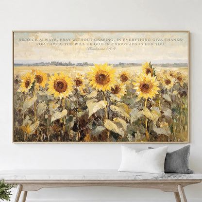 Scripture Art, Framed Canvas Field of Sunflowers Rejoice Pray Give Thanks Wildflowers Vintage Painting Look, Christian Bible Verse Wall Art "Rejoice always, pray without ceasing, in everything give thanks; for this is the will of God in Christ Jesus for you." 1 Thessalonians 5:16-18