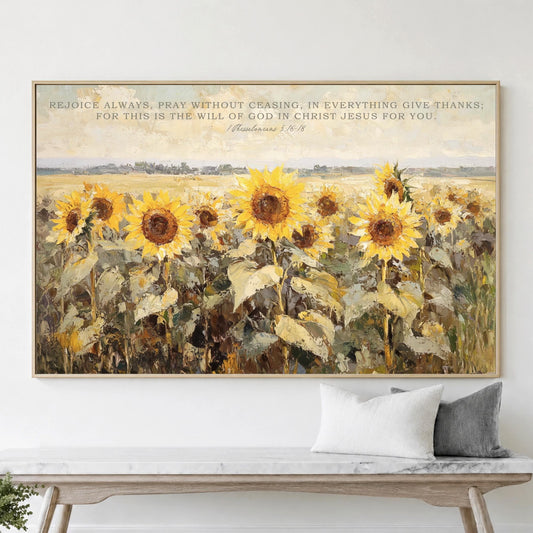 Scripture Art, Framed Canvas Field of Sunflowers Rejoice Pray Give Thanks Wildflowers Vintage Painting Look, Christian Bible Verse Wall Art "Rejoice always, pray without ceasing, in everything give thanks; for this is the will of God in Christ Jesus for you." 1 Thessalonians 5:16-18