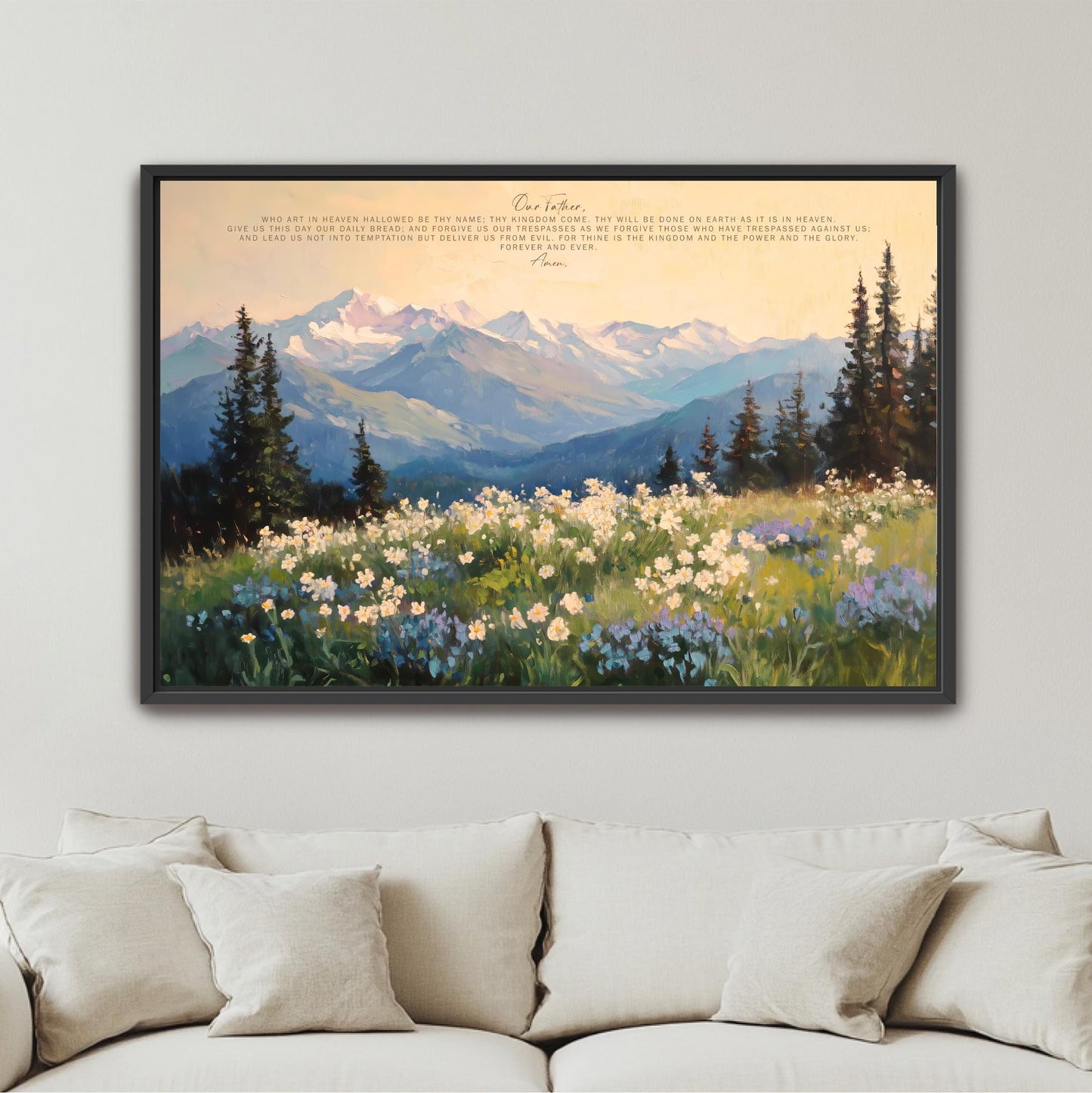 The image is a framed painting of a mountainous landscape with a field of flowers in the foreground.