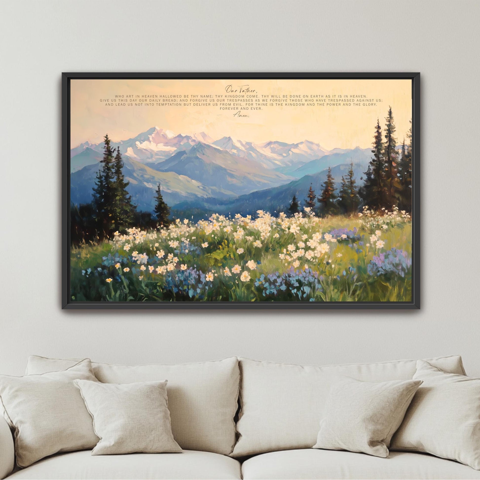 The image is a framed painting of a mountainous landscape with a field of flowers in the foreground.
