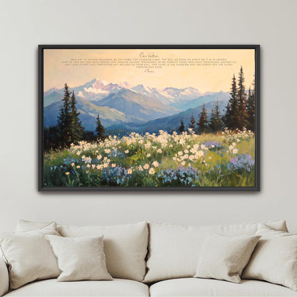 The image is a framed painting of a mountainous landscape with a field of flowers in the foreground.