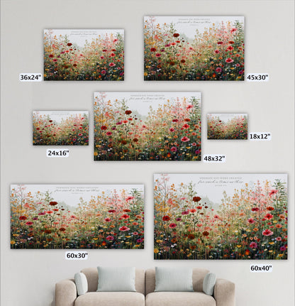 a collection of five framed pictures of a colorful flower field, each with a different size and resolution. The frames are arranged on a wall, and there is a couch in the foreground.