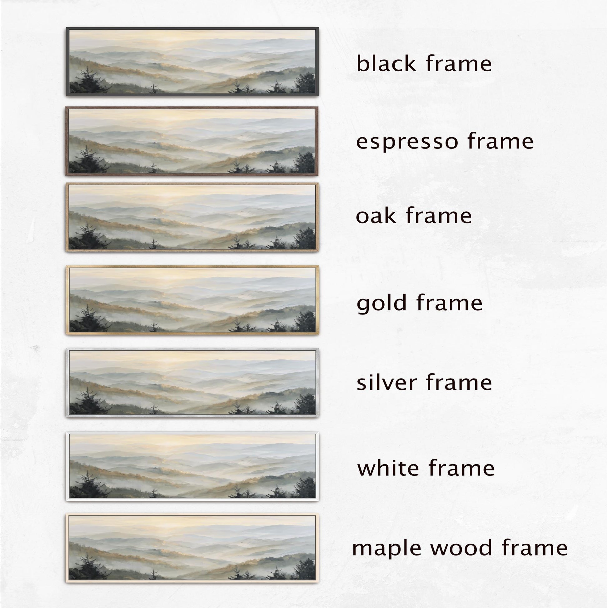 six different framed landscape photographs, each with a different frame color and style. The frames are labeled as black, espresso, oak, gold, silver, white, and maple wood.