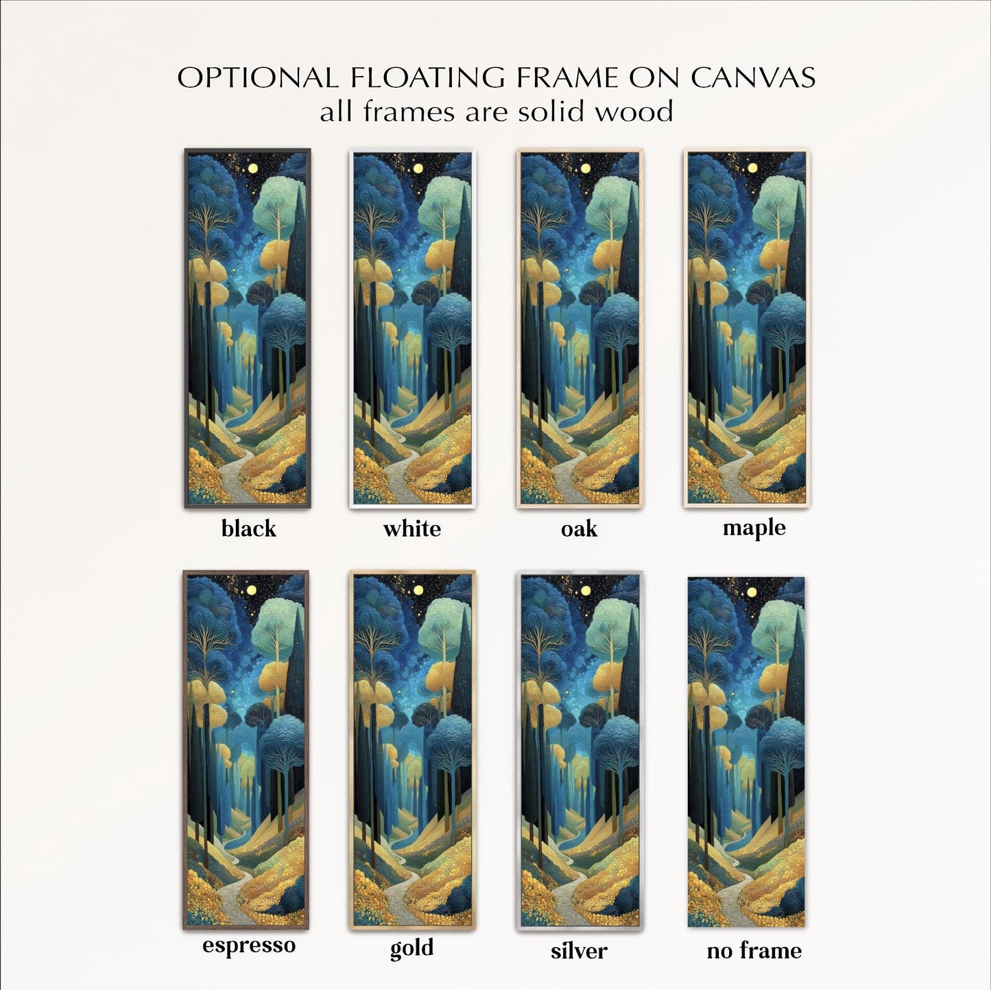 a collection of six framed artworks, each with a different color and frame type. The artworks are titled "optional floating frame on canvas" and are presented in a grid format. The artworks include black, white, oak, maple, espresso, gold, and silver frames.