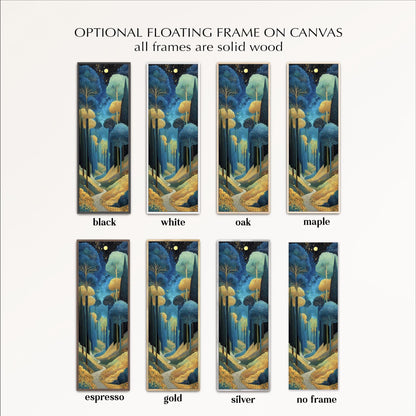 a collection of six framed artworks, each with a different color and frame type. The artworks are titled "optional floating frame on canvas" and are presented in a grid format. The artworks include black, white, oak, maple, espresso, gold, and silver frames.
