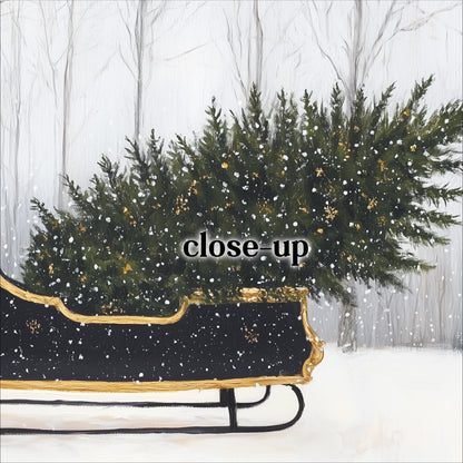A close-up of a Christmas tree in a black sled with gold trim, surrounded by falling snow.