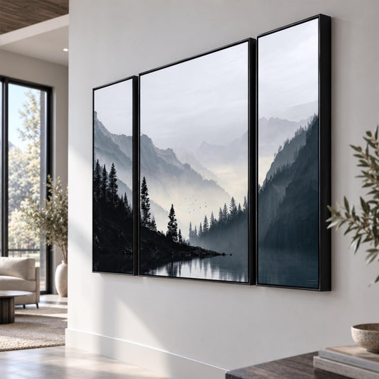 Black White Mountain Wall Art, Modern Minimalist Oversized Triptych Set of 3, Forest Lake Framed Canvas Prints, Contemporary Landscape Decor