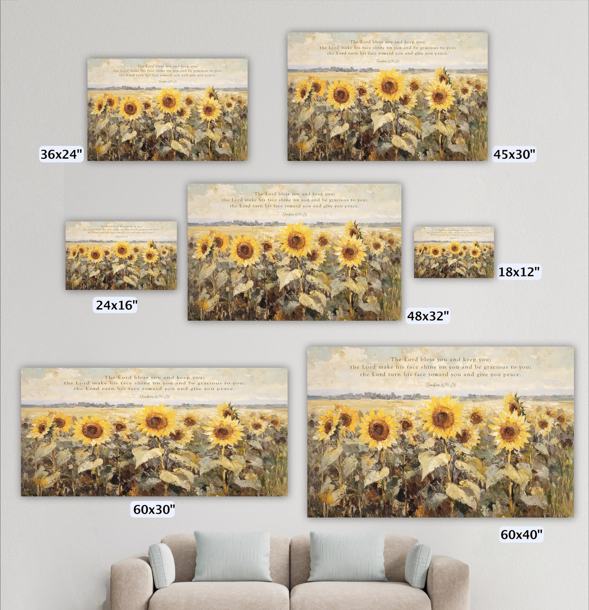 a collection of six framed paintings depicting a field of sunflowers. The paintings vary in size, ranging from 36x24" to 60x30". Each painting has a similar composition, with sunflowers filling the frame and a serene landscape in the background. The text on the paintings is not described, and the phrase "The Lord Bless You and Keep You" is visible in the image.