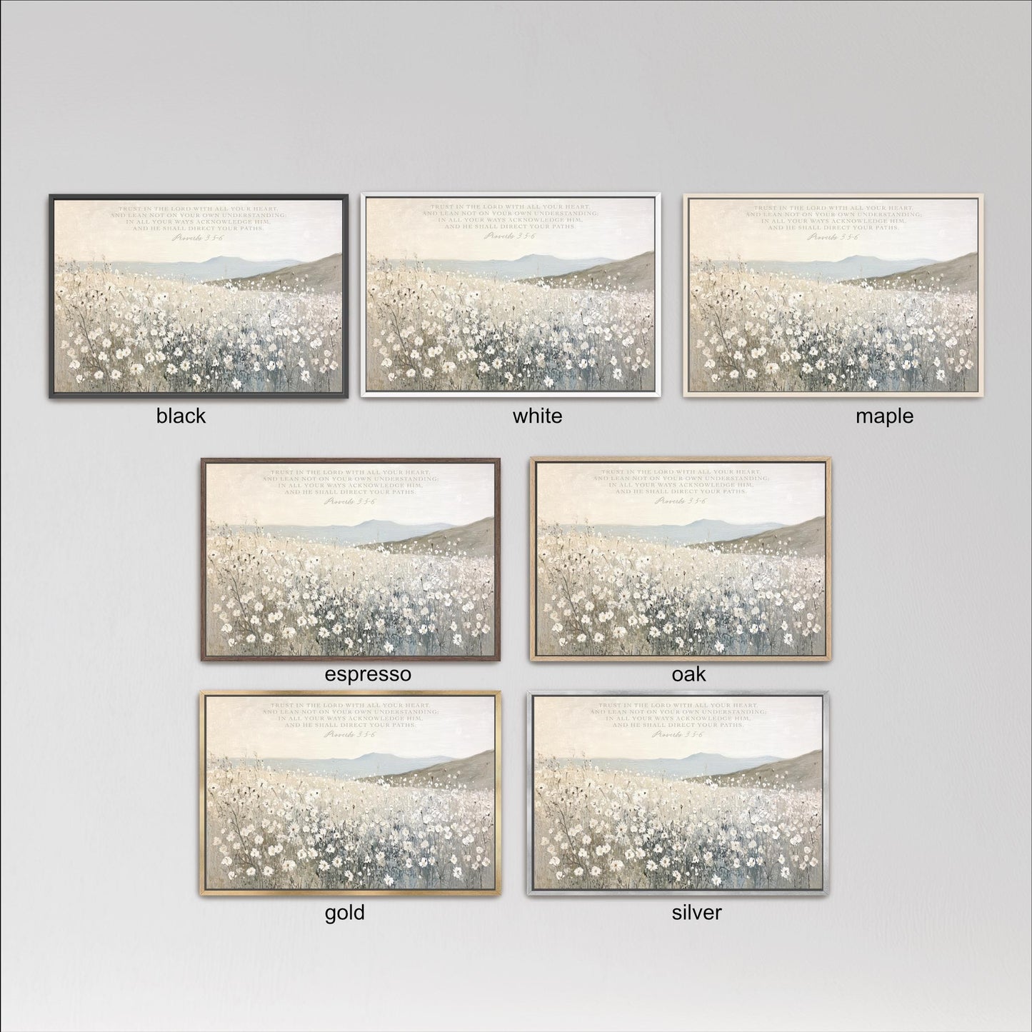 six framed pictures of a field of flowers, each with a different color frame. The pictures are arranged in a grid format, with three pictures in each row and two pictures in each column.