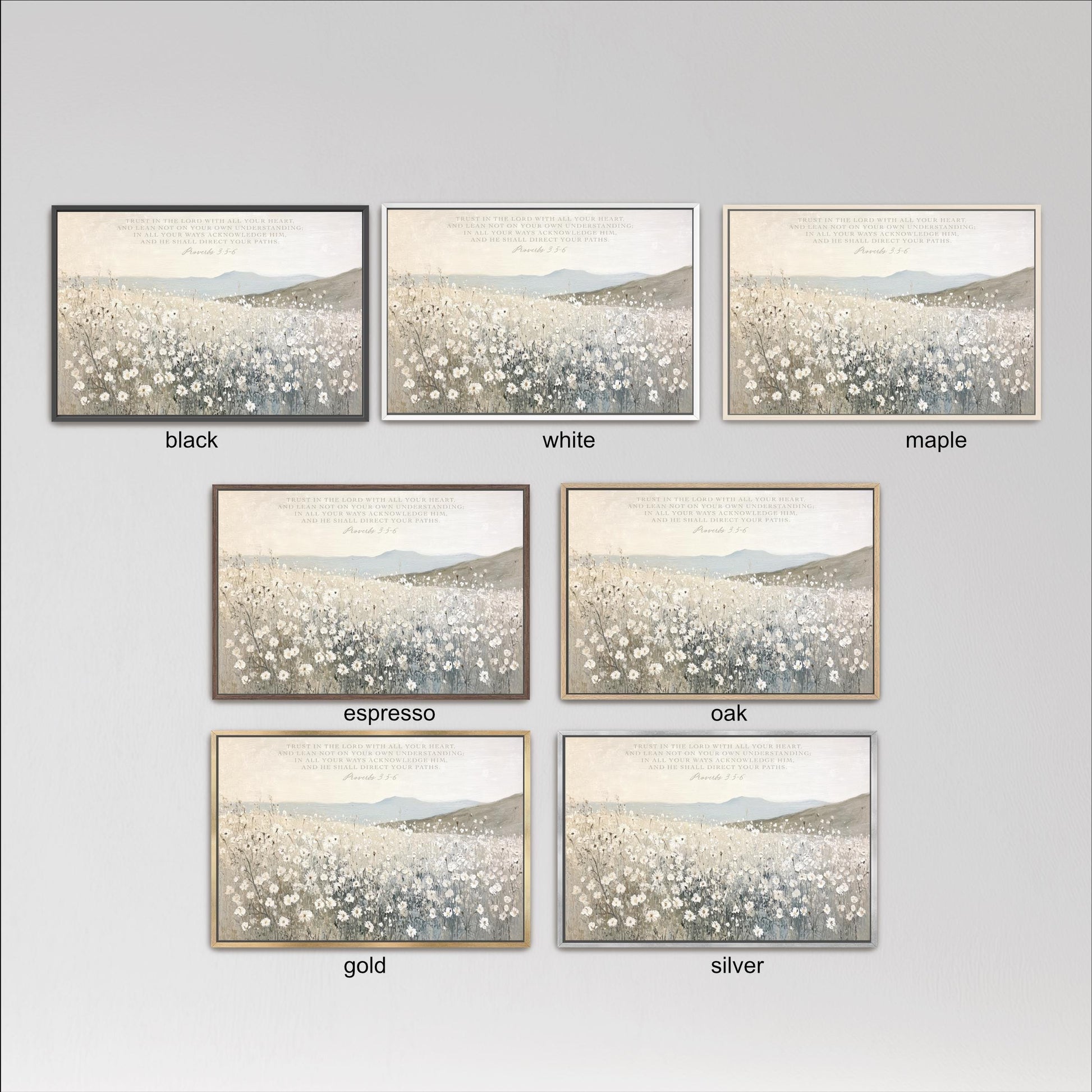 six framed pictures of a field of flowers, each with a different color frame. The pictures are arranged in a grid format, with three pictures in each row and two pictures in each column.