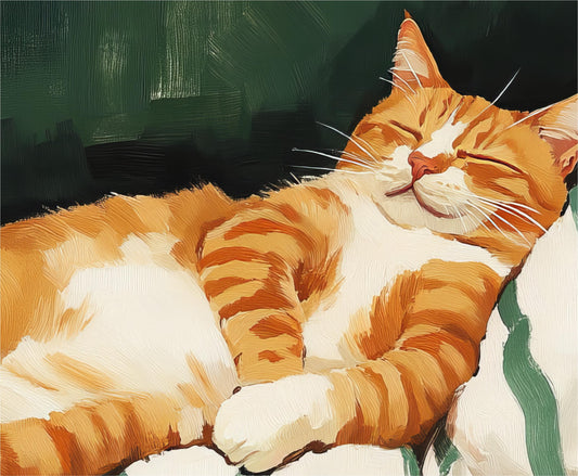 a painting of an orange and white cat sleeping
