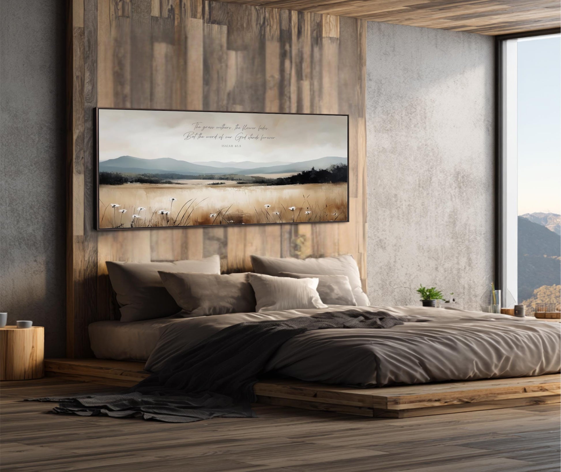 a serene bedroom setting with a large bed, wooden headboard, and a framed landscape painting above it. The painting depicts a tranquil scene of a field with mountains in the background.