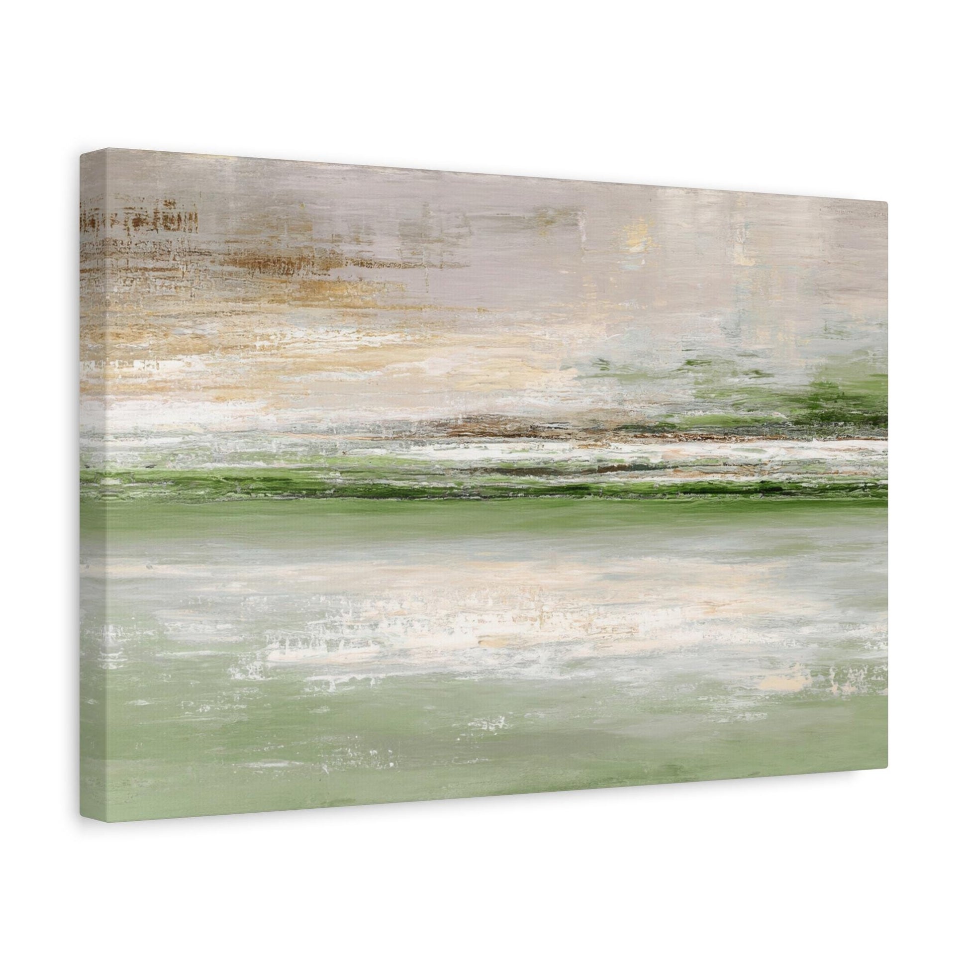 The image is an abstract painting depicting a landscape with a green and white color palette.